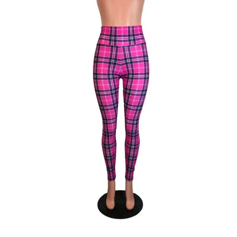 Plus Size Women's Sheer Tight Trousers in Nude for a Subtle and Stylish StatementPink Plaid High Waist Leggings Pants