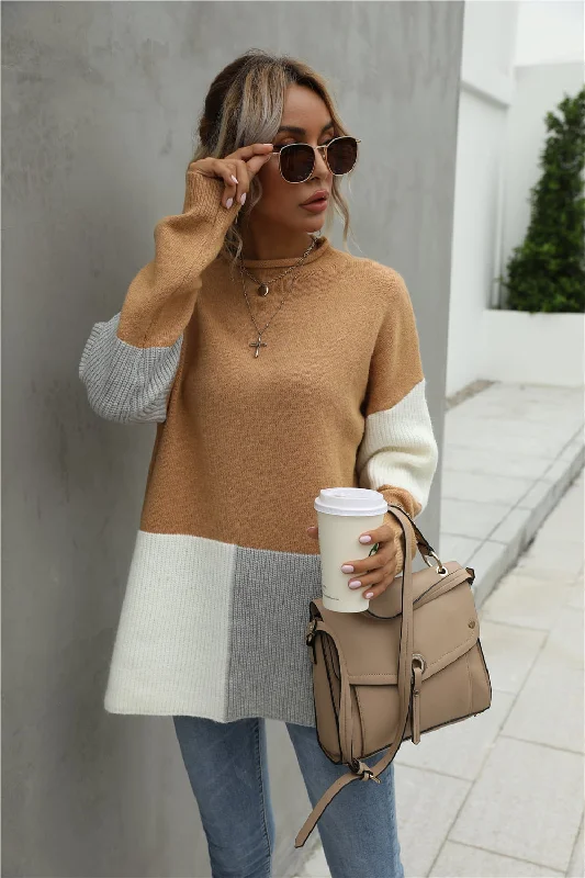 Women's Long Sleeve Turtleneck Cashmere SweatersWomen's Long Sleeve Turtleneck Cashmere SweatersAngel Wings Color Block Round Neck Dropped Shoulder Sweater