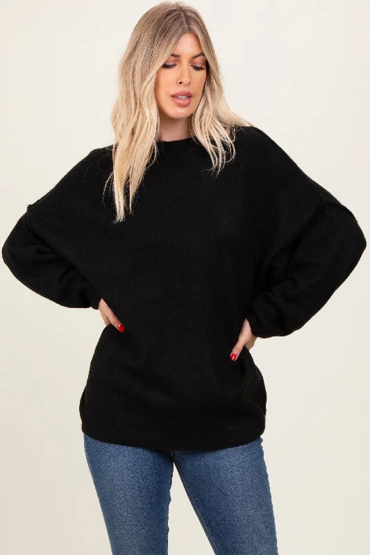 Plus Size Women's Side - Slit Sweaters in Bold SolidsPlus Size Women's Side - Slit Sweaters in Bold SolidsBlack Oversized Crewneck Melange Knit Sweater