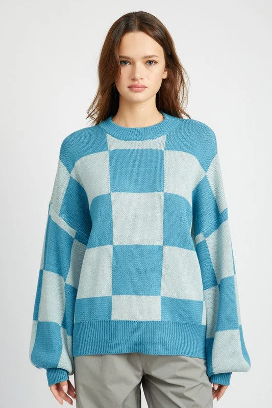 Plus Size Women's Oversized Chunky Knit SweatersPlus Size Women's Oversized Chunky Knit SweatersHot Girl Bubble Sleeve Checkered Sweater In Blue