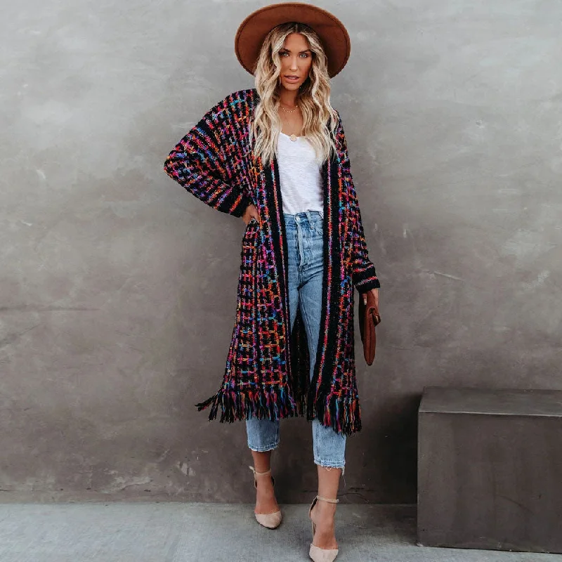 boyfriend style women cardigan for a relaxed fitboyfriend style women cardigan for a relaxed fitColorful Boucle Plaid Fringe Trim Open Front Knit Purple Duster Cardigan