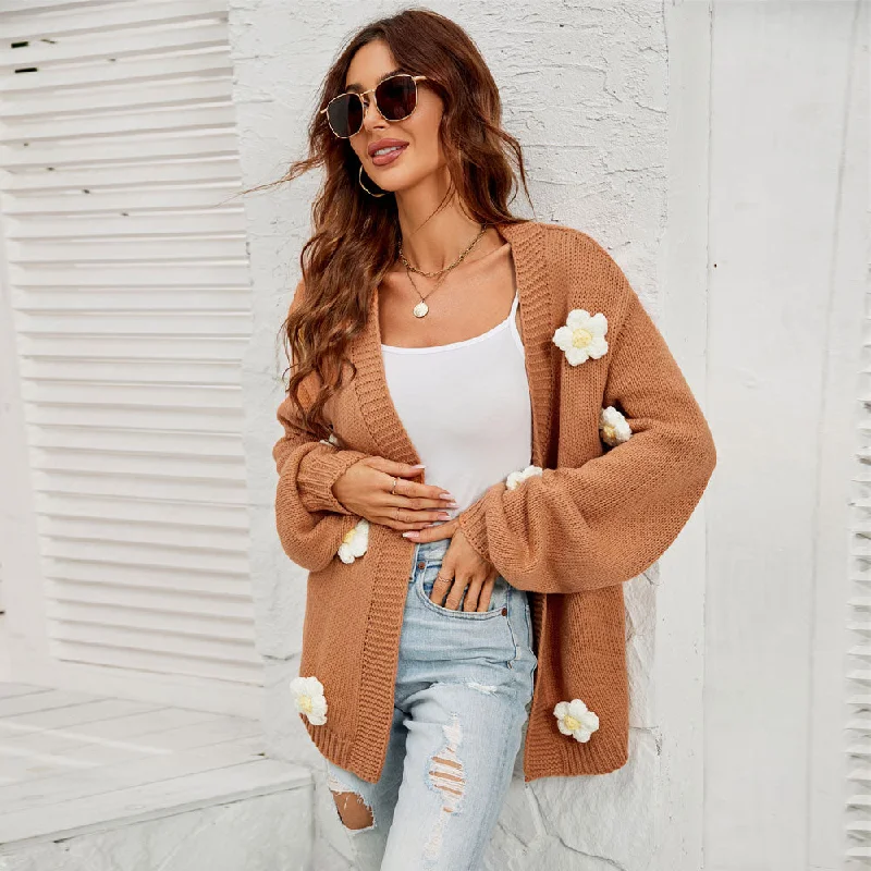 cropped women cardigan to pair with high - waisted jeanscropped women cardigan to pair with high - waisted jeansCute Floral Appliqué Long Sleeve Open Front Camel Knit Cardigan