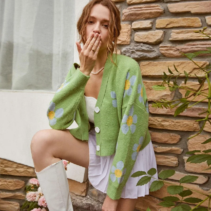 long length women cardigan with side slitslong length women cardigan with side slitsCute V Neck Button Front Floral Jacquard Knit Green Cropped Cardigan