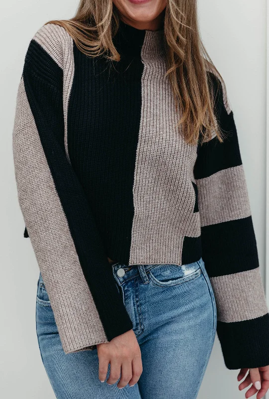 Plus Size Women's Belted Cable Knit SweatersPlus Size Women's Belted Cable Knit SweatersKamryn Colorblock Sweater - Black/Oat