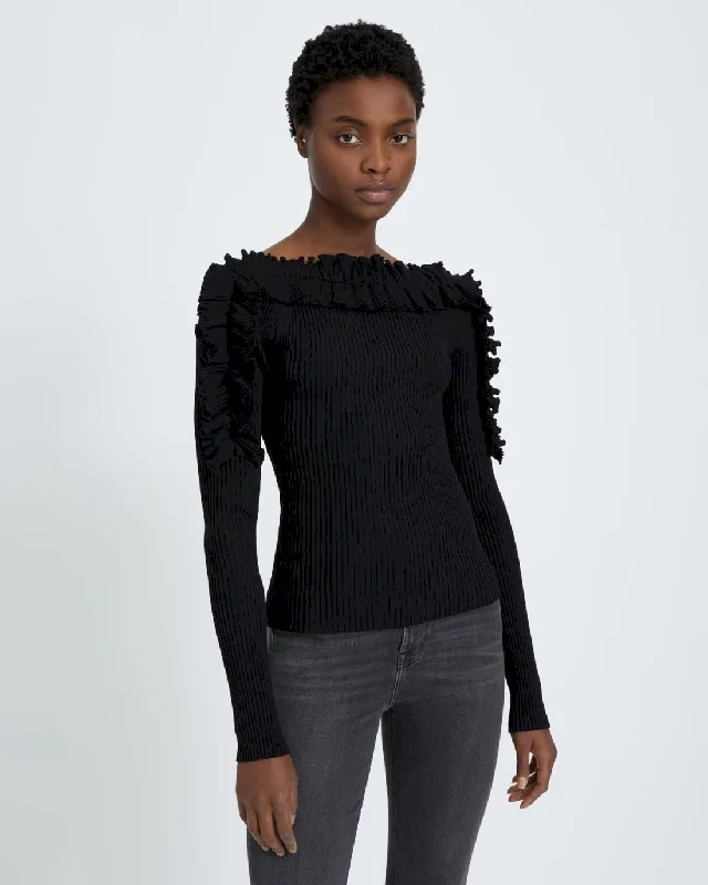 Bell - Sleeve Women's Mohair - Wool Blend SweatersBell - Sleeve Women's Mohair - Wool Blend SweatersLong Sleeve Ruffle Top in Black