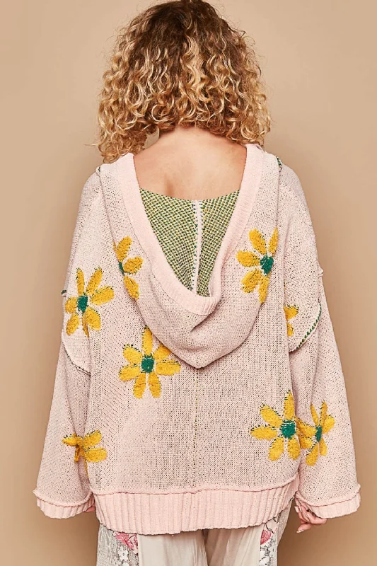 Open - Front Women's Cardigan - Style Mohair SweatersOpen - Front Women's Cardigan - Style Mohair SweatersHot Girl Floral Hooded High-Low Sweater In Pink