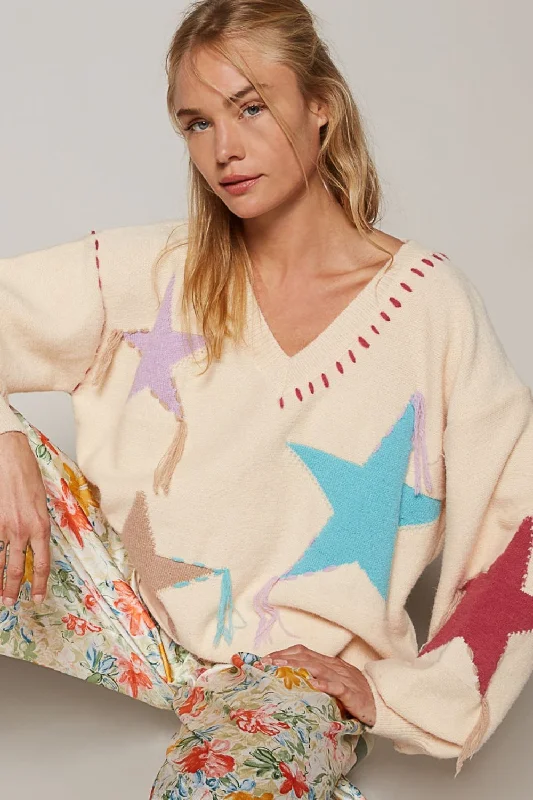 Open - Front Women's Cardigan - Style Mohair SweatersOpen - Front Women's Cardigan - Style Mohair SweatersHot Girl V Neck Tasseled Star Spangled Fringe Sweater In Cream