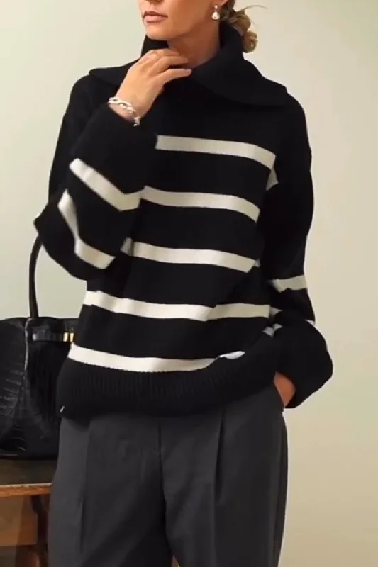 Plus Size Women's Belted Cable Knit SweatersPlus Size Women's Belted Cable Knit SweatersRoll-neck black and white striped sweater