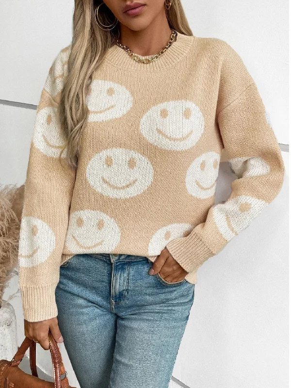 Boat Neck Women's Merino Wool Sweaters in Neutral ShadesBoat Neck Women's Merino Wool Sweaters in Neutral ShadesSmile Pattern Round Neck Long Sleeve Sweater