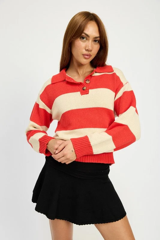 Plus Size Women's Sequined Sweaters for Special OccasionsPlus Size Women's Sequined Sweaters for Special OccasionsHot Girl Striped Henley Retta Rugby Sweater In Red