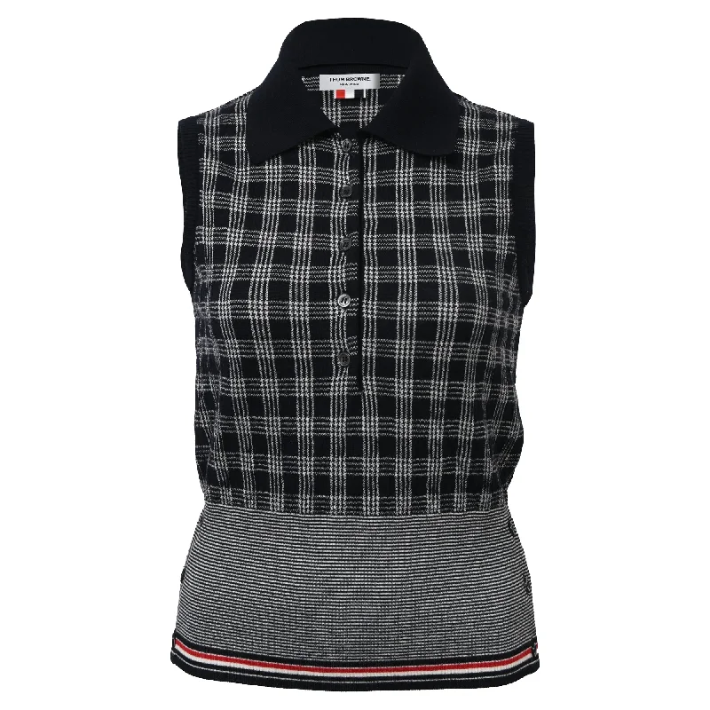 Short Sleeve Women's Cotton Blend Sweaters in Pastel ColorsShort Sleeve Women's Cotton Blend Sweaters in Pastel ColorsThom Browne Sleeveless Checkered Print Shirt in Black Merino Wool