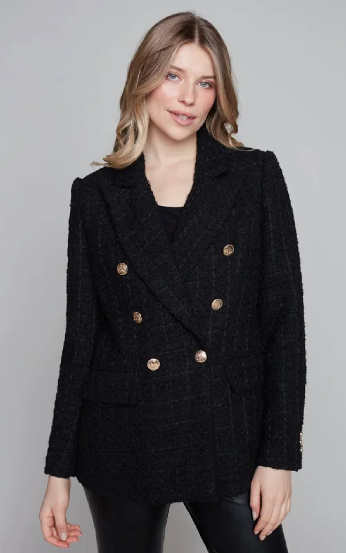 Women's Slim - Fit Blazers in Charcoal Gray for a Professional AppearanceCarré Noir- Double Breasted Tweed Texture Blazer