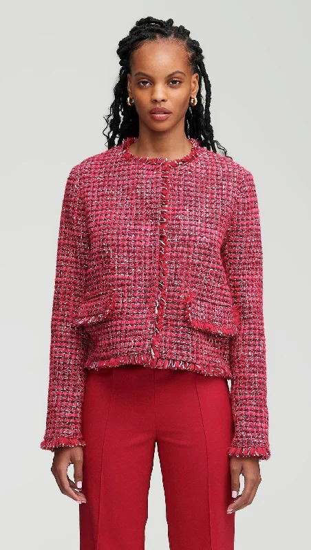 Plus Size Women's Faux Fur - Trimmed Blazers in Black for a Luxurious LookClassic Jacket in Tweed | Raspberry/Pink Multi