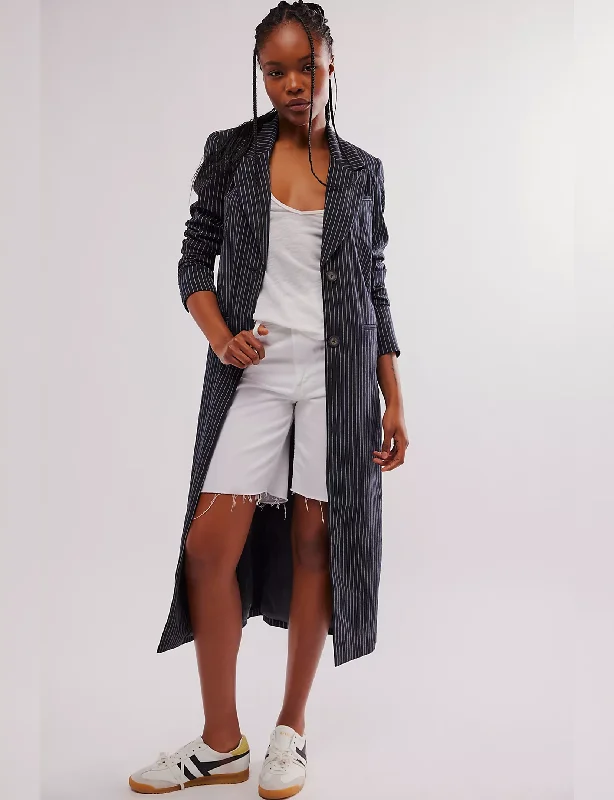 Plus Size Women's Military - Inspired Blazers with Gold Accents for a Bold LookHailey Duster, Black Stripe