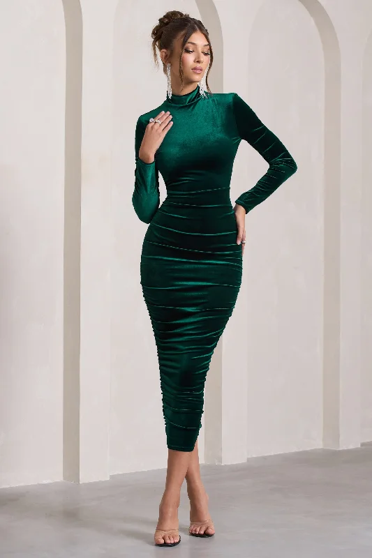 Mini Women Dress with a Short Hem for a Young and Trendy StyleJoanna | Bottle Green Velvet High-Neck Backless Midi Dress