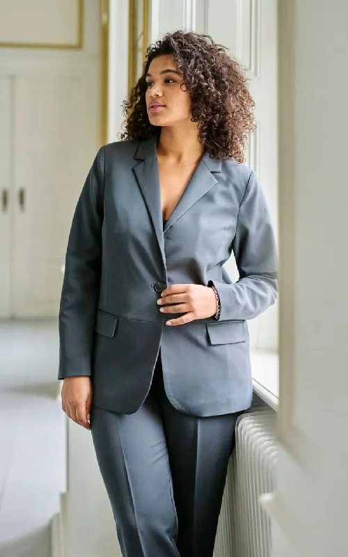 Plus Size Women's Double - Breasted Wool Blazers for Winter Office WearKaffe Curve- Sakira Blazer in Black Oyster