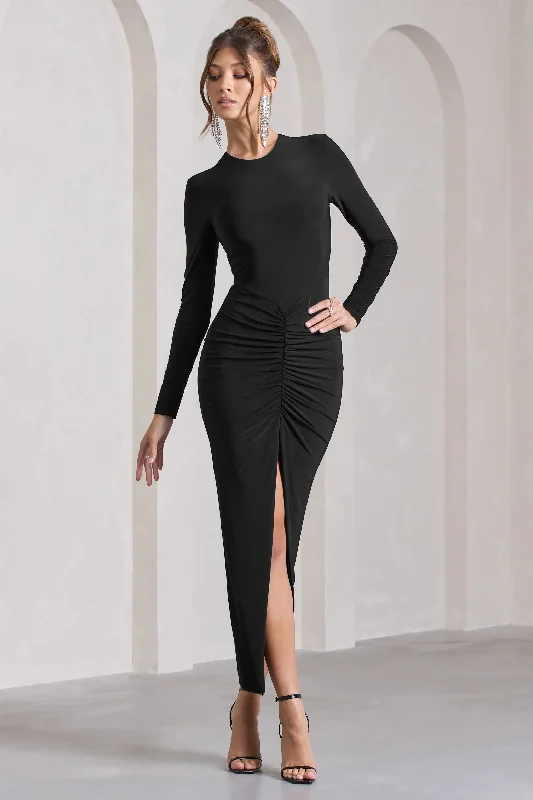 Backless Women Dress for a Sexy and Alluring Look at Evening EventsKaty | Black Ruched Long-Sleeve Split Maxi Dress