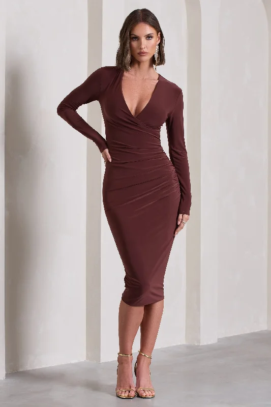 Strapless Women Dress with a Built - in Bra for Comfort and SupportMarcia | Chocolate Brown Bodycon Plunge-Neck Midi Dress