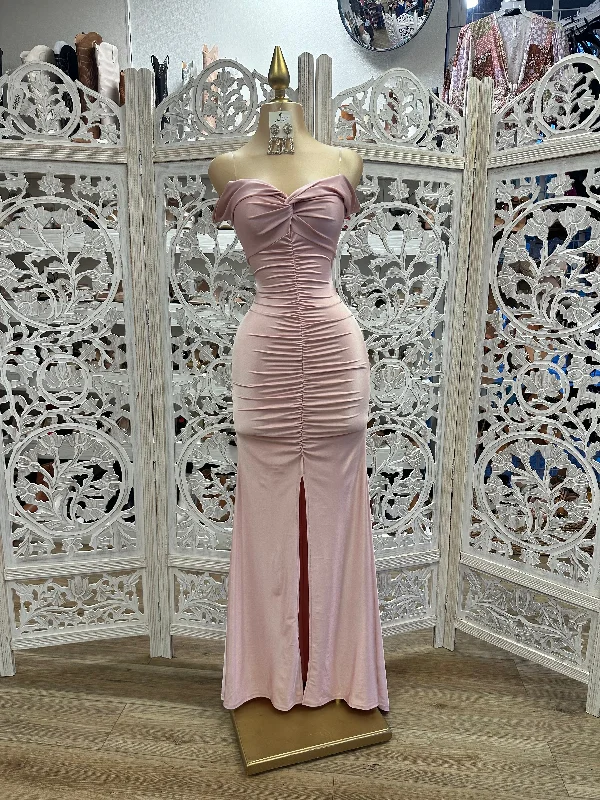 Ball Gown Women Dress with a Full Skirt for a Princess - like LookRose Gold Ruched Off Shoulder Gown- Stretchy