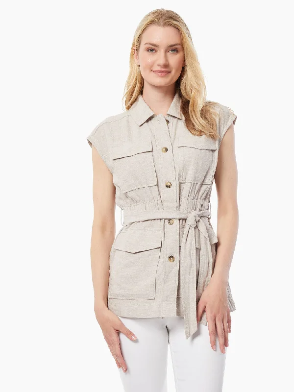 Plus Size Women's Military - Inspired Blazers with Gold Accents for a Bold LookWashed Linen-Blend Safari Vest