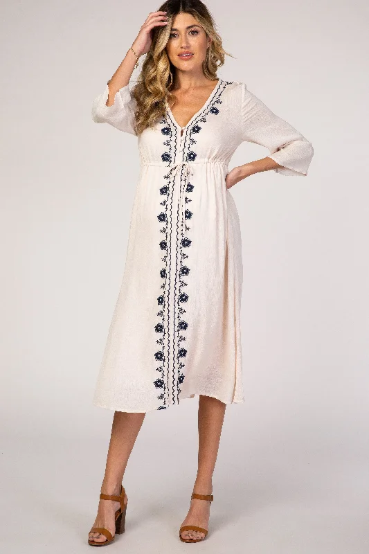 Sheath Women Dress with a Tailored Fit for a Professional LookBeige Floral Embroidered 3/4 Sleeve Maternity Midi Dress