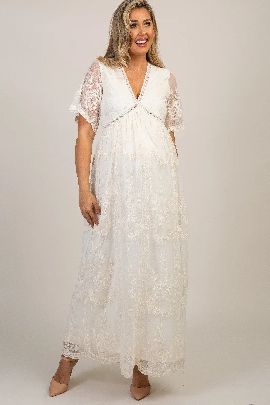 Pleated Women Dress with a Timeless and Elegant TexturePinkBlush Cream Lace Mesh Overlay Maternity Maxi Dress