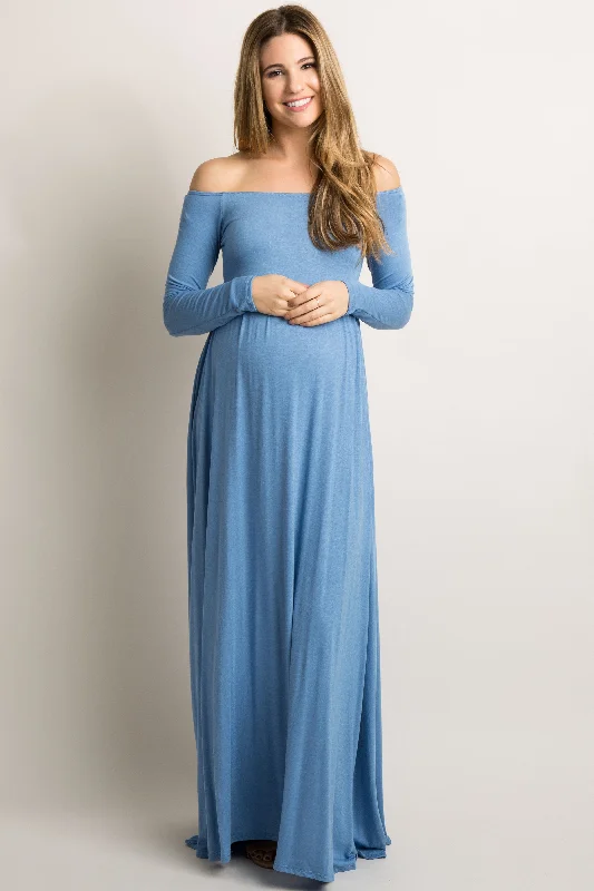 Mermaid - Style Women Dress with a Fitted Silhouette for Special OccasionsPinkBlush Petite Blue Solid Off Shoulder Maternity Maxi Dress