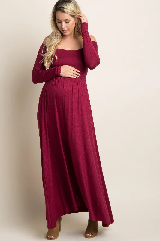 Ruffled Women Dress with Multiple Layers for a Playful and Girly StylePinkBlush Petite Dark Burgundy Solid Off Shoulder Maternity Maxi Dress