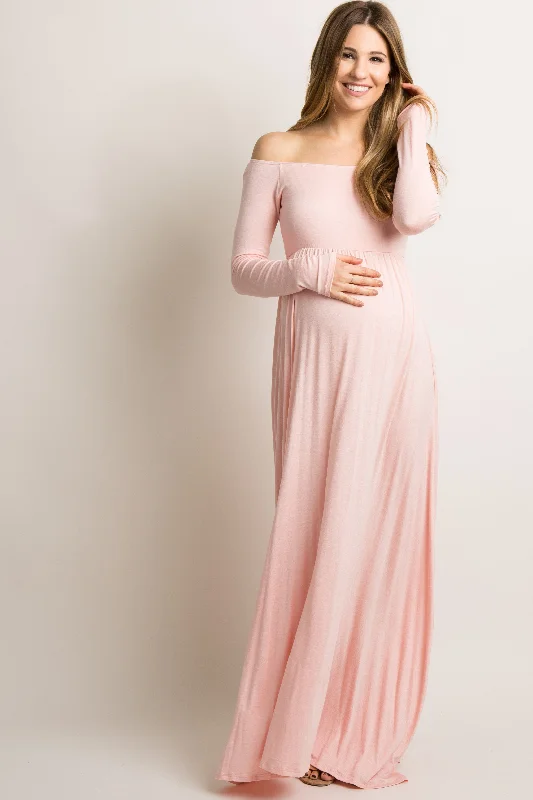 Backless Women Dress for a Sexy and Alluring Look at Evening EventsPinkBlush Tall Pink Solid Off Shoulder Maternity Maxi Dress