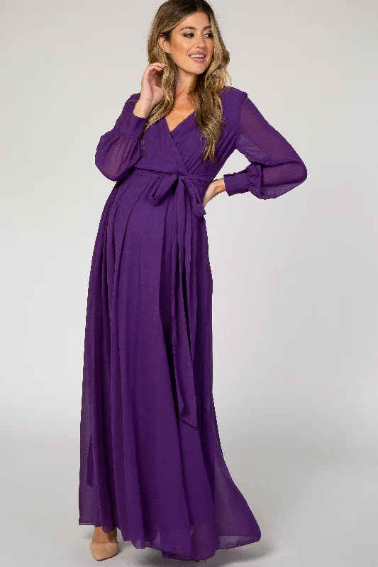 Sleeveless Women Dress in Bright Colors for Summer PartiesPurple Chiffon Long Sleeve Pleated Maternity Maxi Dress