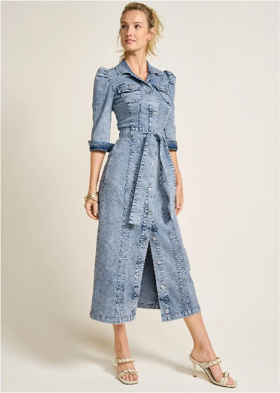 Ball Gown Women Dress with a Full Skirt for a Princess - like LookTie-Waist Denim Midi Dress - Acid Wash