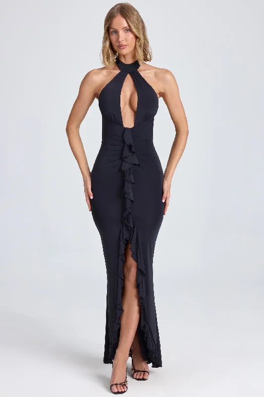 Empire Waist Women Dress to Accentuate the Bust and Conceal the WaistHalterneck Ruffle-Trim Gown in Black