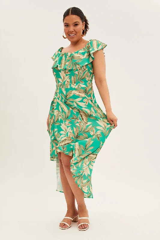 Shift Women Dress with a Simple and Classic Design for Everyday WearGreen Floral Maxi Dress Off Shoulder Crepe