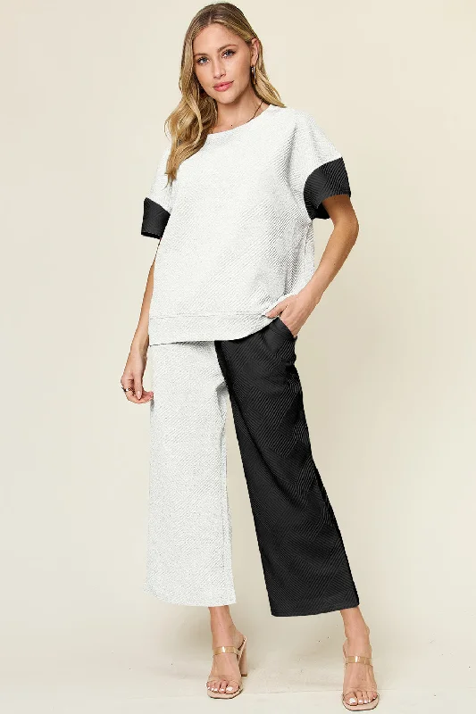 Texture Contrast T-Shirt and Wide Leg Pants Set