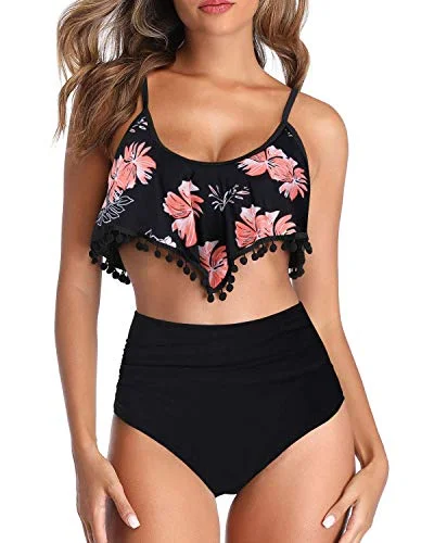 UV - protection bikini for safe sun exposure during beach daysComfortable Full Tummy Control High Waisted Bikini-Black Orange Floral