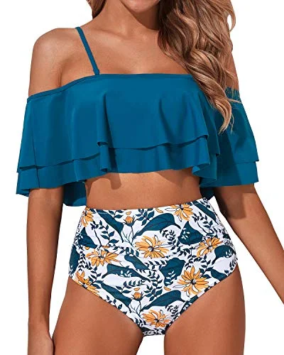 Push - up bikini top to enhance the bust for a confident beach appearanceCharming Ruffle Off Shoulder Two Piece Swimsuit-Blue Floral